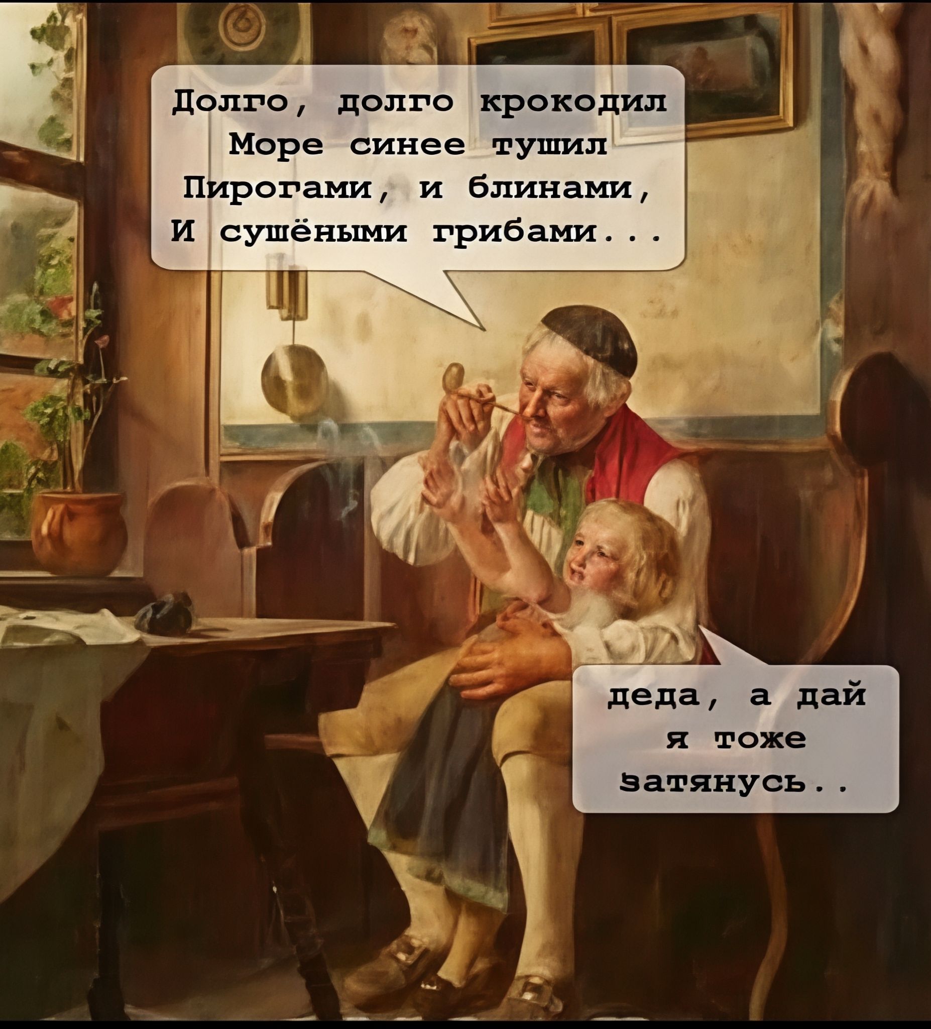 Долго, долго крокодил Море синее тушил Пирогами и блинами, И сушёными грибами... деда, а дай я тоже затянусь...