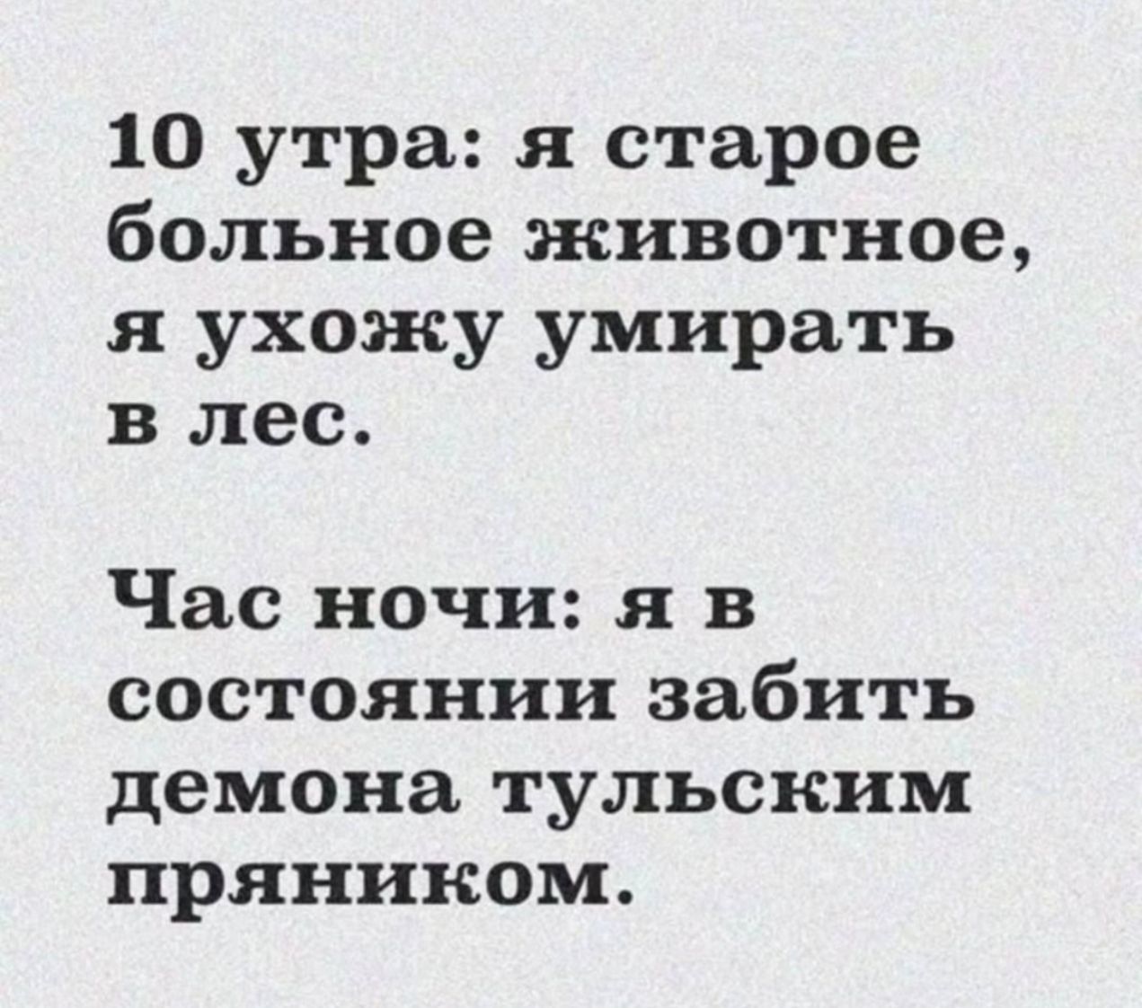 10 утра: я старое больное животное, я ухожу умирать в лес.
Час ночи: я в состоянии забить демона тульским пряником.