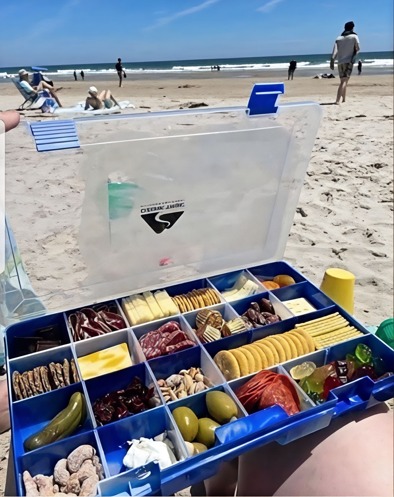 Пляжной коробка с нарезками, сырами и фруктами в прозрачном кейсе на песке