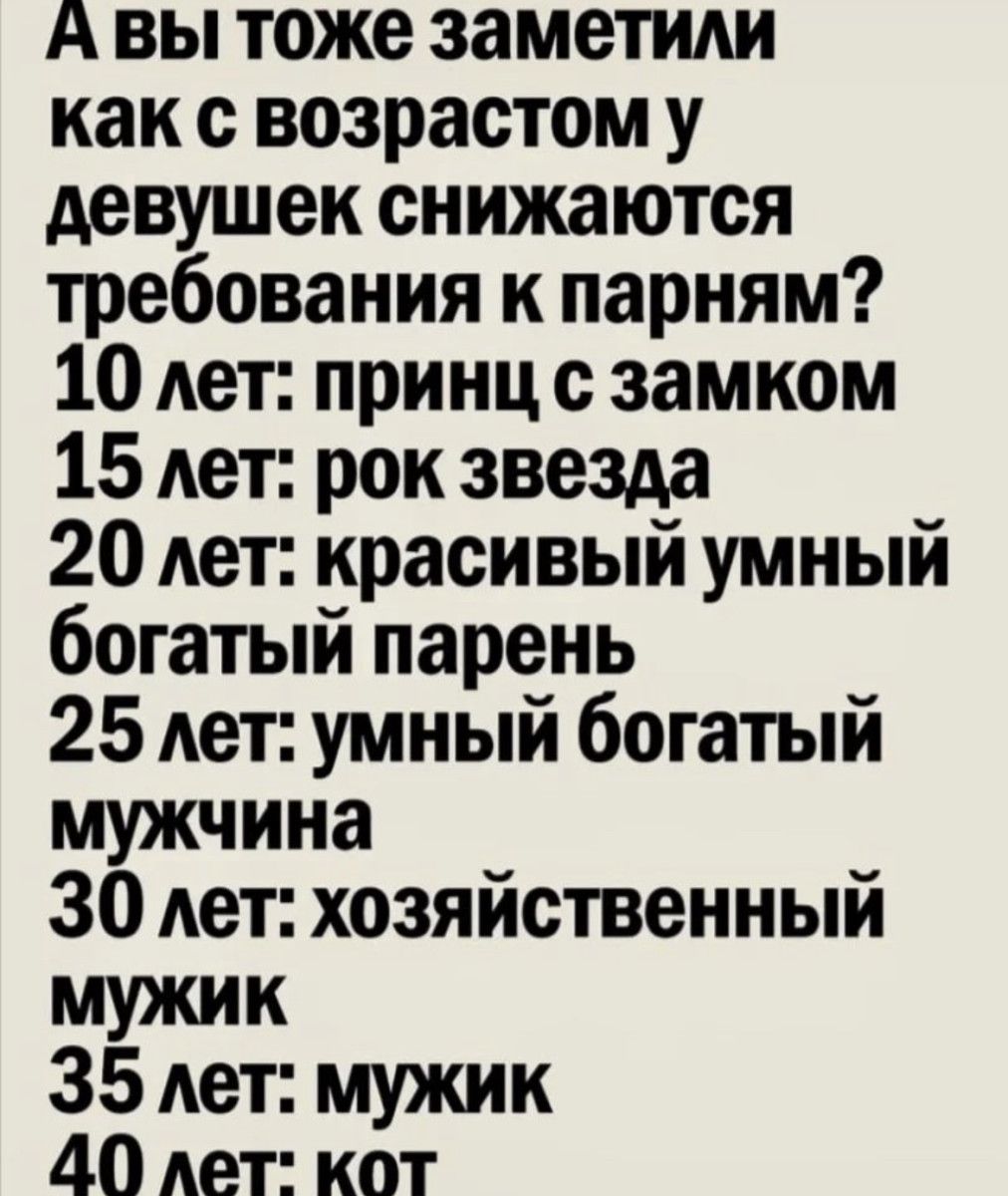 А вы тоже заметили как с возрастом у девушек снижаются требования к парням 10 Ает принц с замком 15 лет рок звезда 20 Ает красивый умный богатый парень 25 лет умный богатый мужчина 30 лет хозяйственный мужик 35 Ает мужик 40 лет кот