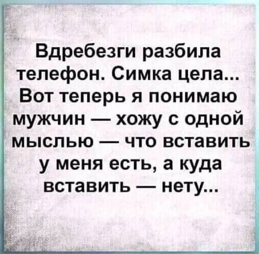 Вдребезги разбила телефон Симка цела Вот теперь я понимаю мужчин хожу с одной мыслью что вставить У меня есть а куда ВСТЗВИТЬ нету