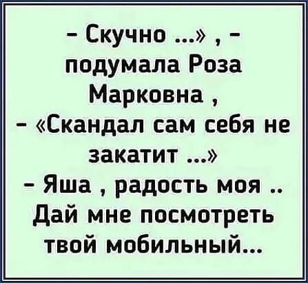 Скучно подумала Роза Марковна Скандал сам себя не закатит Яша радость моя дай мне посмотреть твой мобильный