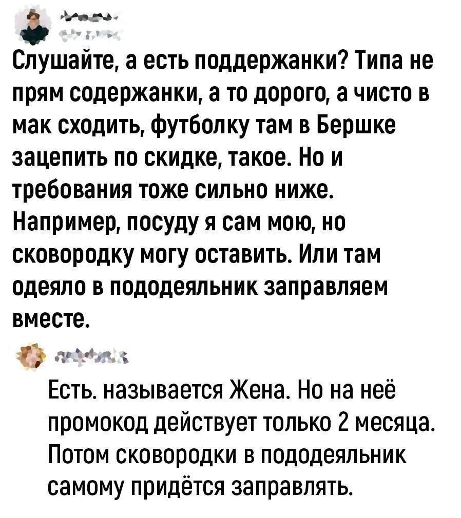 к 59 Слушайте а есть поддержанки Типа не прям содержанки а то дорого а чисто в мак сходить футболку там в Бершке зацепить по скидке такое Но и требования тоже сильно ниже Например посуду я сам мою но сковородку могу оставить Или там одеяло в пододеяльник эаправпяем вместе Щт Есть называется Жена Но на неё промокод действует только 2 месяца Потом сковородки в пододеяльник самому придётся заправлять