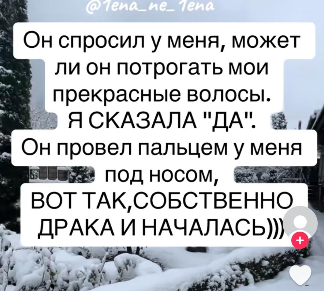 Он спросил у меня может ли он потрогать мои прекрасные волосы Я СКАЗАЛА ДА с Он провел пальцем у меня под носом ВОТ ТАК СОБСТВЕННО ДРАКА И НАЧАЛАСЬ