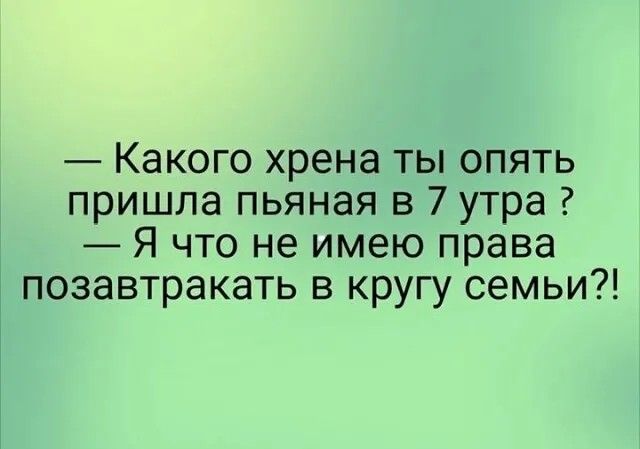 Какого хрена ты опять пришла пьяная в 7 утра Я что не имею права позавтракать в кругу семьи