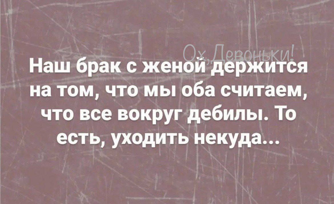 Наш брак с женой держится на том что мы оба считаем что все вокруг дебилы То есть уходить некуда