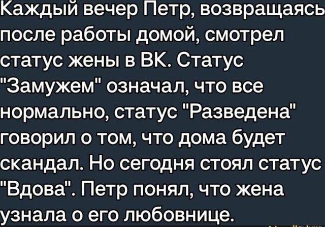 Каждый вечер Петр возвращаясь после работы домой смотрел статус жены в БК Статус Замужем означал что все нормально статус Разведена говорил о том что дома будет скандал Но сегодня стоял статус Вдова Петр понял что жена узнала о его любовнице квмм