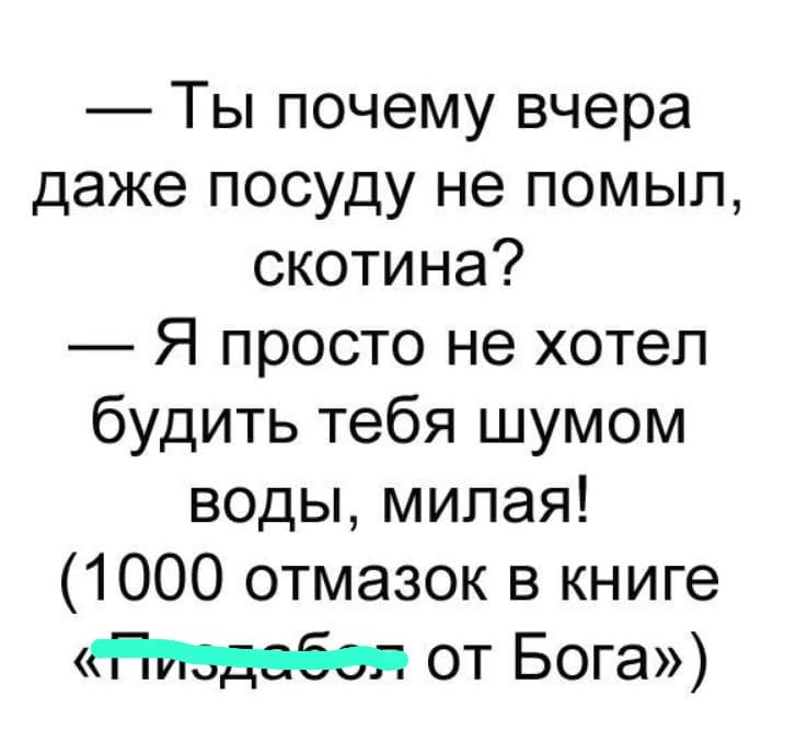 Ты почему вчера даже посуду не помыл скотина Я просто не хотел будить тебя шумом воды милая 1000 отмазок в книге Нтдебея от Бога