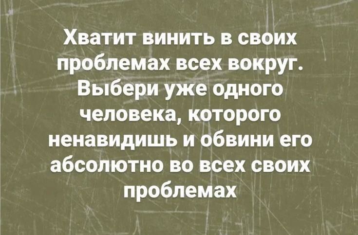 Хватит винить в своих проблемах всех вокруг Выбери уже одного человека которого ненавидишь и обвини его абсолютно во всех своих проблемах