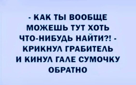 - КАК ТЫ ВООБЩЕ МОЖЕШЬ ТУТ ХОТЬ ЧТО-НИБУДЬ НАЙТИ?!? - КРИКНУЛ ГРАБИТЕЛЬ И КИНУЛ ГАЛЕ СУМочку ОБРАТНО