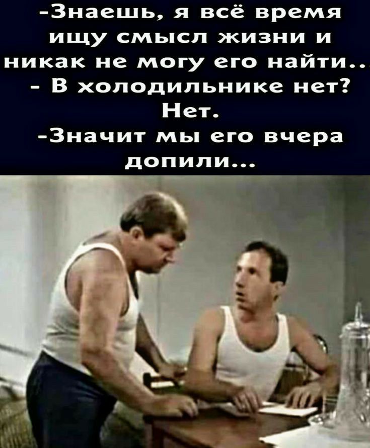 3наешь я всё время ИЩУ СМЬСЛ ЖИЗНИ И никак не могу его найти В холодильнике нет Нет 3начит мы его вчера допипи