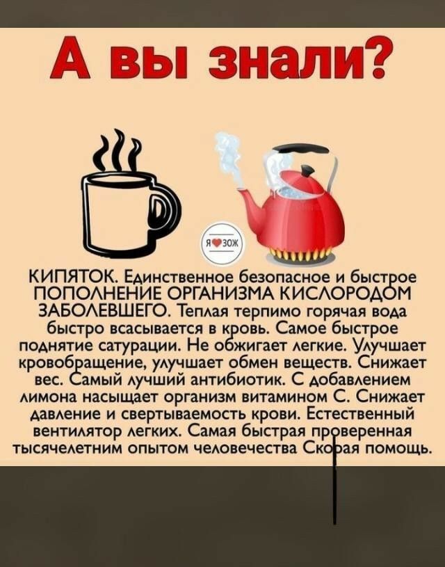 _ А ВЫ звгпадша КИПЯТОК Единственное бежпасиое и быа ПОПОАН ЕНИЕ ОРГАНИЗМА КИСАОРОА И ЗАБОАЕВШЕГО Темп терпимо горячая пом быстро пасы ае Самое быстрое поднятие сатурации Не о ет Аегкие Удучшаег Кро об шение уАучшает обмен веществ Сиижиег ес мый Аучший нтибиотии с Аобямеиием лимона насыщает организм витамином С Снижает дамские и свертываемость крови Етавенный питиор Аегиих Сами быпрая п тысячеАетн