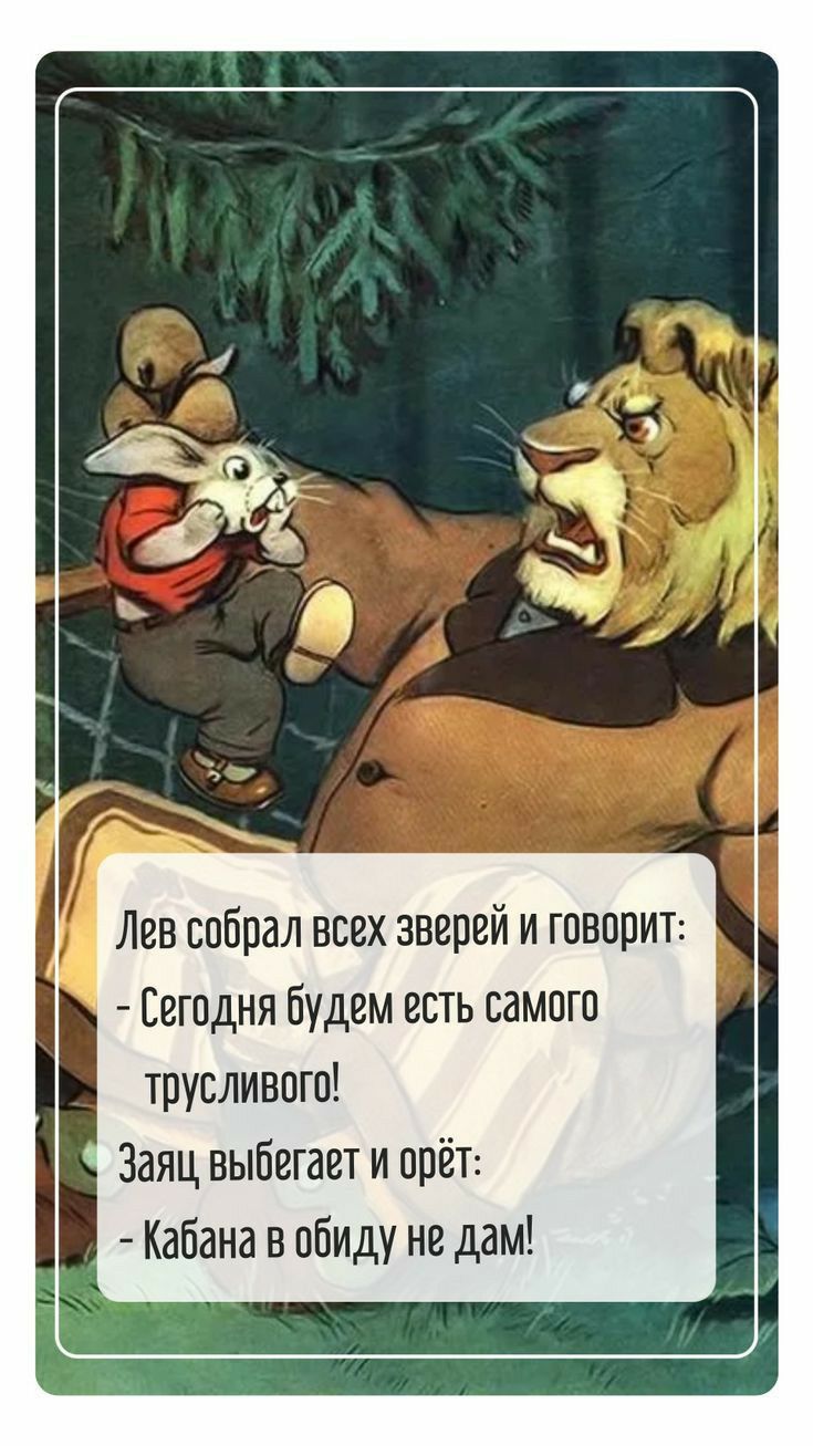 Лев спбрал всех зверей и говори Евгпдня будем есть самого тпусливпгп Заяц выбегает и прёт Кабана в пбиду не дам