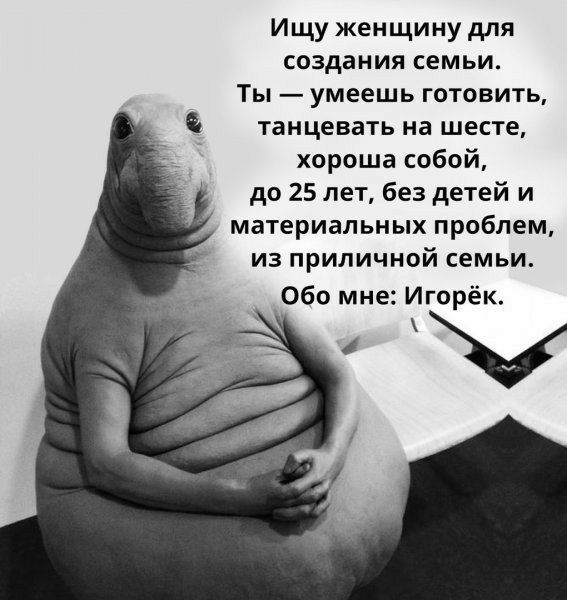 Ищу женщину для создания семьи Ты умеешь готовить танцевать на шесте хороша собой до 25 лет без детей и материальных проблем из приличной семьи Обо мне Игорёк