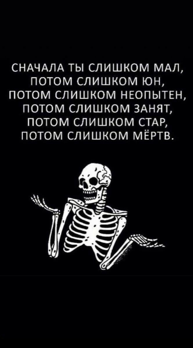 СНАЧАЛА ТЫ СЛИШКОМ МАЛ ПОТОМ СЛИШКОМ ЮН ПОТОМ СЛИШКОМ НЕОПЫТЕН ПОТОМ СЛИШКОМ ЗАНЯТ ПОТОМ СЛИШКОМ СТАР ПОТОМ СЛИШКОМ МЁРТВ