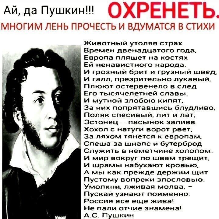 АЙ да Пушкин МНОГИМ ЛЕНЬ ПРОЧЕСТЬ И ВДУМАТСЯ В СТИХИ животный утоляя страх Времен двенадцатого года Европа пляшет на костях Ей ненавистного народа И грозный брит и грузный швед И галл презрительно лукавы Плюют остервенело в след Его тысячелетней славы И мутной злобою кипят За них попрятавшись блудливо Поляк спесивый лит и лат Эстонец пасынок залива