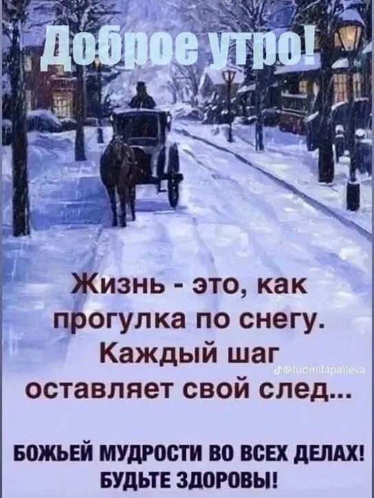 Жизнь это как прогулка по снегу Каждый шаг оставляет свой след БОЖЬЕЙ МУДРОСТИ ВО ВСЕХ ДЕЛАХ БУДЬТЕ ЗДОРОВЫ