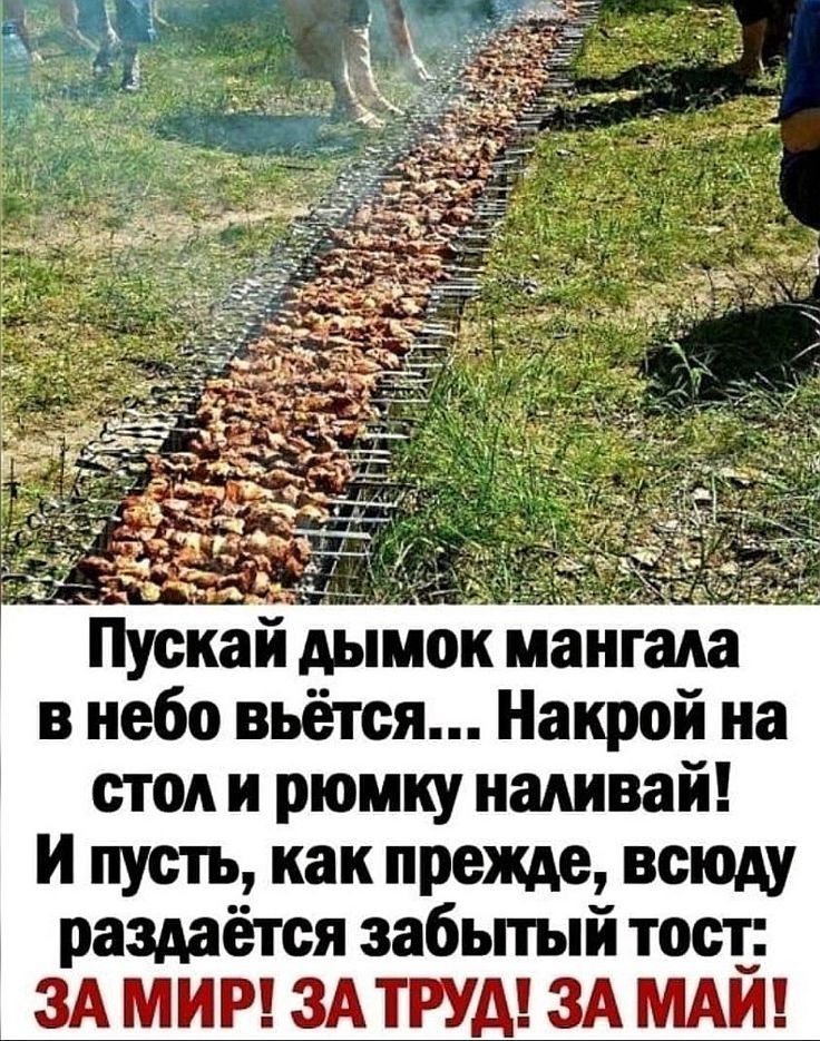 Пускай дымок мангала в небо вьётся... Накрой на стол и рюмку наливай! И пусть, как прежде, вседу раздаётся забытый тост: ЗА МИР! ЗА ТРУД! ЗА МАЙ!