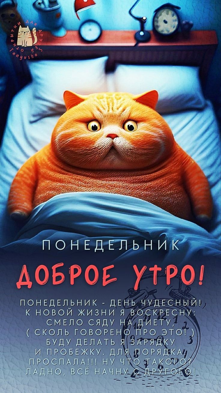 ПОНЕДЕЛЬНИК
ДОБРОЕ УТРО!
ПОНЕДЕЛЬНИК - ДЕНЬ ЧУДЕСНЫЙ; К НОВОЙ ЖИЗНИ Я ВОСКРЕСНУ
СМЕЛО СЯДУ НА ДИЕТУ (СКОЛЬКО ГОВОРЕНО ПРО ЭТО?
БУДУ ДЕЛАТЬ Я ЗАРЯДКУ И ПРОБЕЖКУ, ДЛЯ ПОРЯДКА,
ПРОСПАЛА!!! НУ ЧТО ТАКОГО ЛАДНО, ВСЁ НАЧНУ С ДРУГОГО