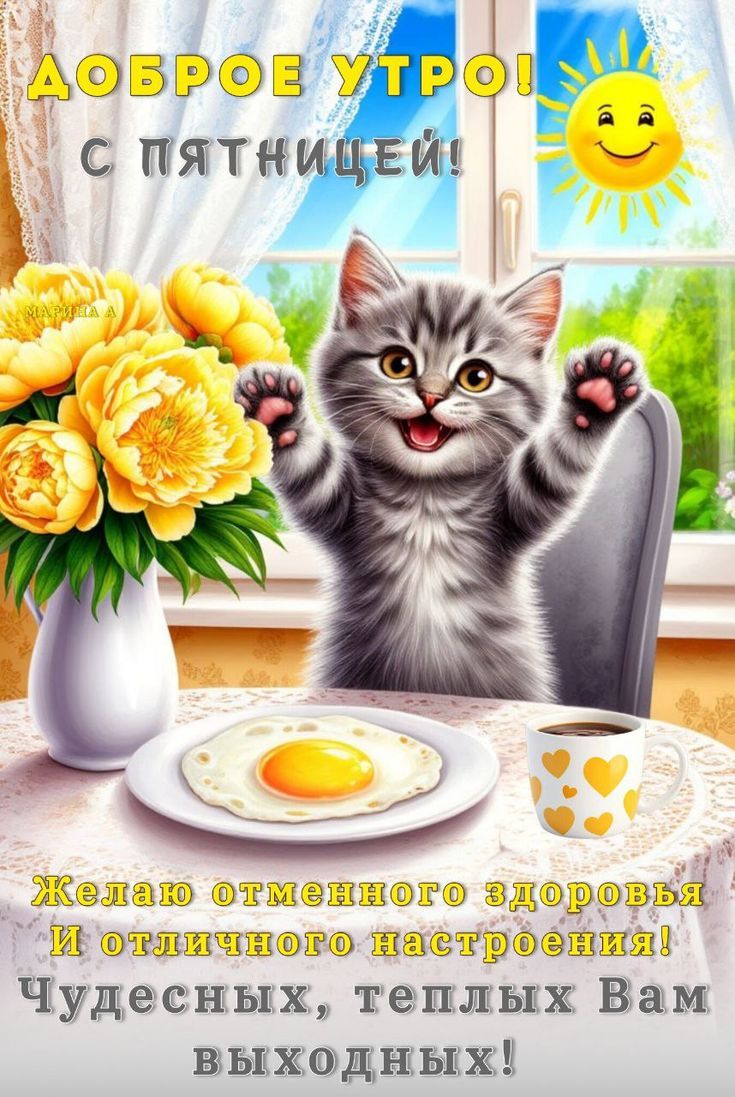 ДОБРОЕ УТРО! С ПЯТНИЦЕЙ! Желаю отменного здоровья И отличного настроения! Чудесных, теплых Вам выходных!