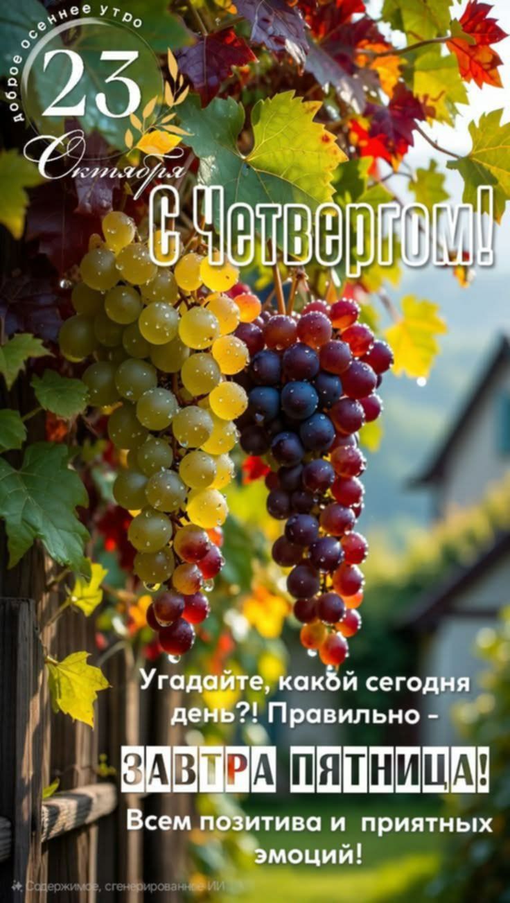 Доброе утро. 23 Октября. С Четвергом! Угадайте, какой сегодня день?! Правильно – ЗАВТРА ПЯТНИЦА! Всем позитива и приятных эмоций!