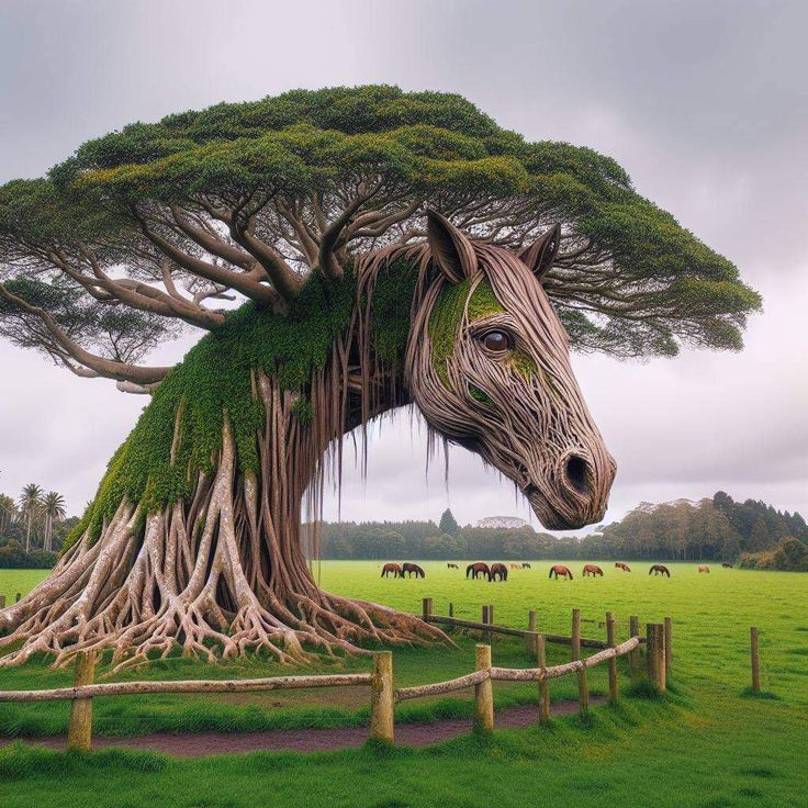 Сюрреалистическое дерево с лошадиной головой, облаченное в зеленые ветви, на фоне пастбища