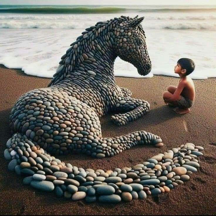 Мальчик на пляже рядом с лошадью, сделанной из камней.