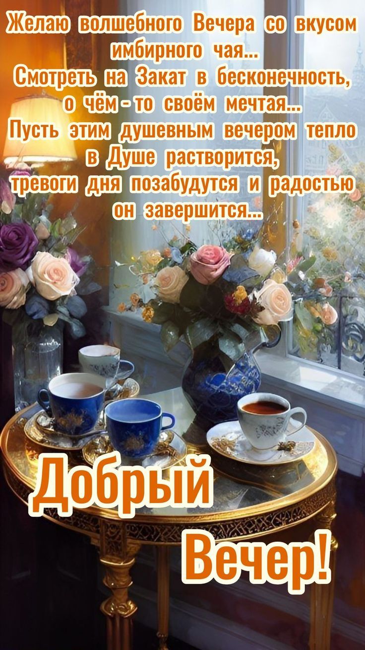 Желаю волшебного вечера со вкусом имбирного чая... Смотреть на закат в бесконечность, о чём-то своей мечтая... Пусть этим душевным вечером тепло в душе растворится, тревоги дня позабудутся и радостью он завершится... Добрый вечер!