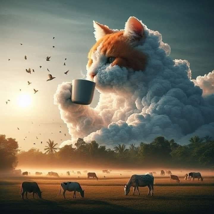 Сюрреалистическое облако в форме кота держит чашку над пастбищем с лошадьми.