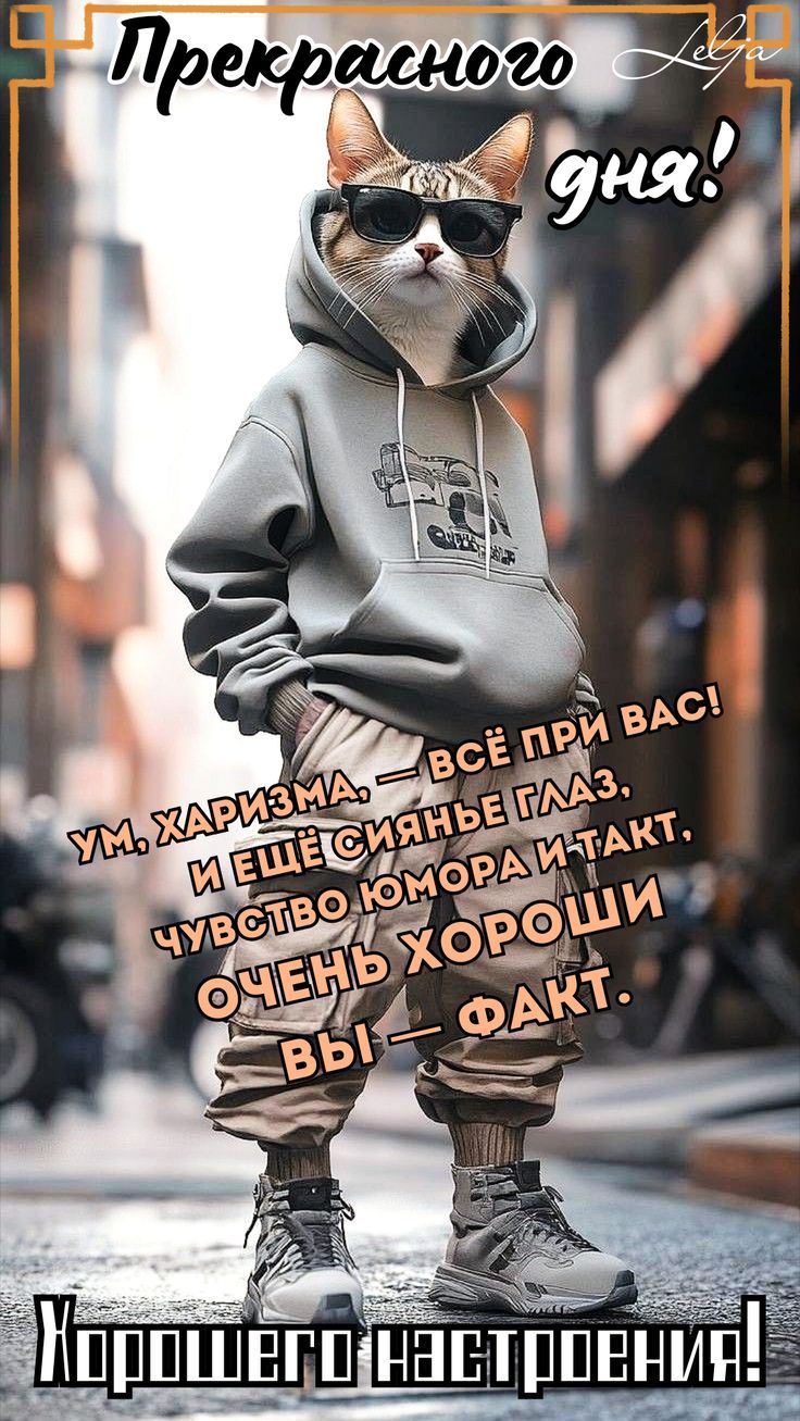 Прекрасного дня! Ум, харизма — всё при Вас! И ещё сиянье глаз, чувство юмора и такт, очень хороши Вы — факт. Корошего настроения!