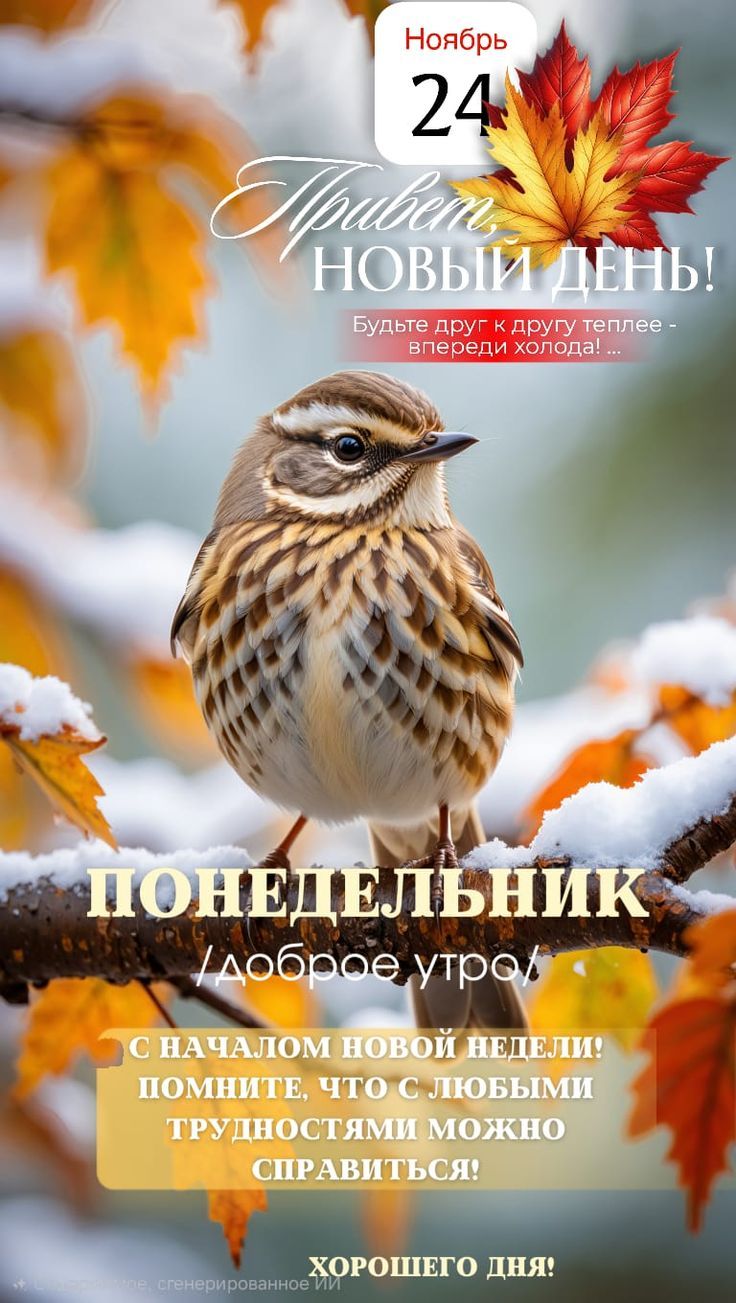 Ноябрь 24. Привет, НОВЫЙ ДЕНЬ! Будьте друг к другу теплее - впереди холода! ПОНЕДЕЛЬНИК / Доброе утро! С началом новой недели: помните, что с любыми трудностями можно справиться! Хорошего дня!