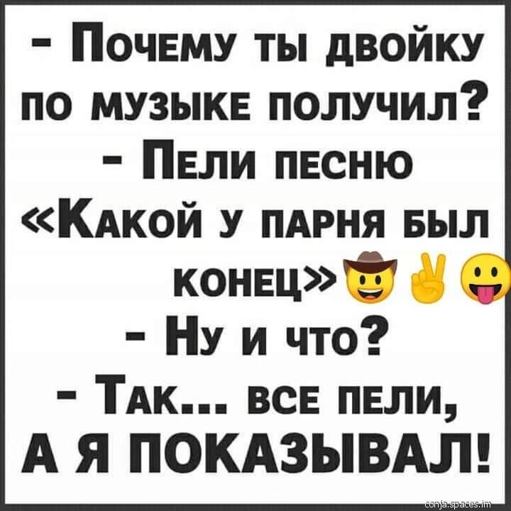 - Почему ты двойку по музыке получил?
- Пел песню «Какой у парня был конец» 😺✌️😛
- Ну и что?
- Так... все пели, а я показывал!