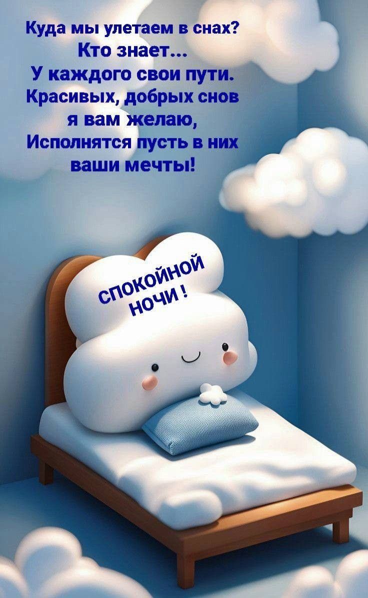 Куда мы улетаем в снах? Кто знает... У каждого свои пути. Красивых, добрых снов я вам желаю, Исполнятся пусть в них ваши мечты! СПОКОЙНОЙ НОЧИ!
