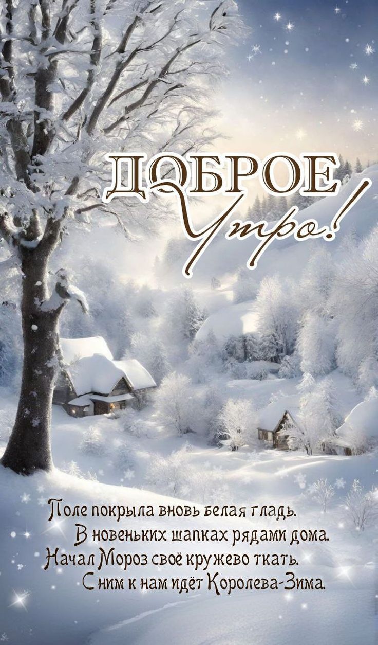 Доброе утро!\nПоле покрыло вновь белая гладь. В новеньких шапках рядами дома. Начал Мороз свою кружево ткать. С ним к нам идёт Королева-Зима.