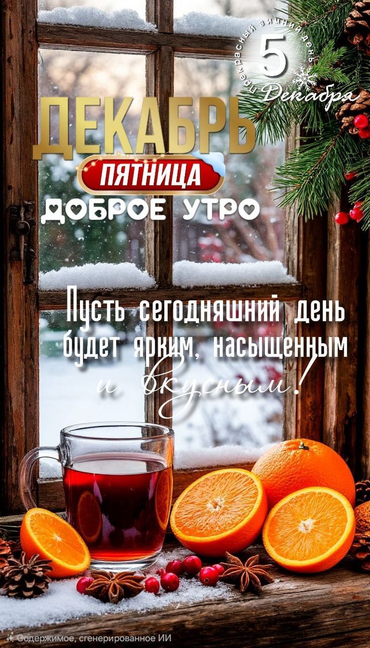 ДЕКАБРЬ
ПЯТНИЦА
ДОБРОЕ УТРО
Пусть сегодняшний день будет ярким, насыщенным и не скучным!