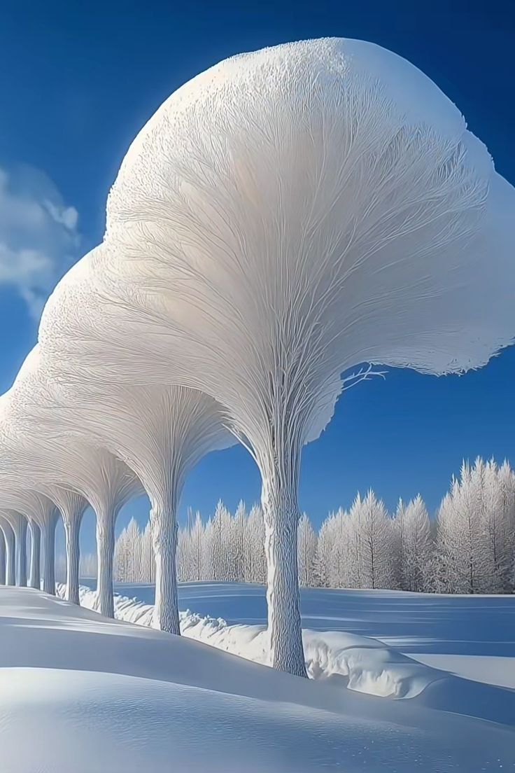 Зимний ландшафт с необычно вытянутыми снежными деревьями на ярко-голубом небе.