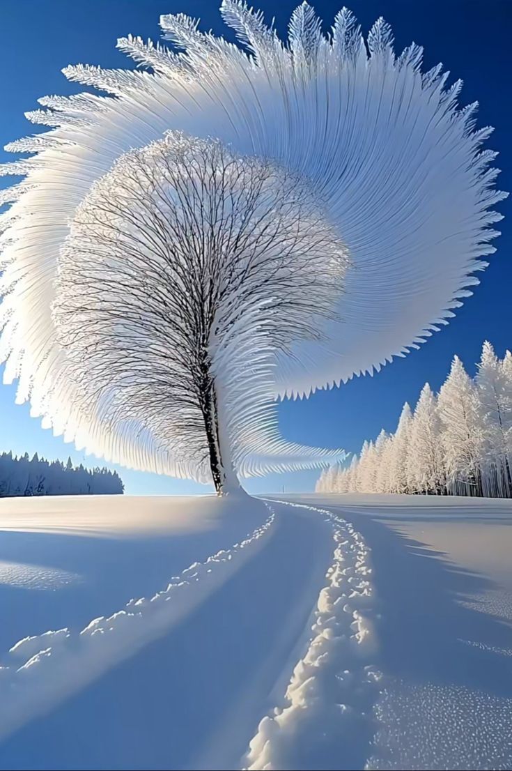 Снежное дерево с необычными ледяными листьями на голубом небе.