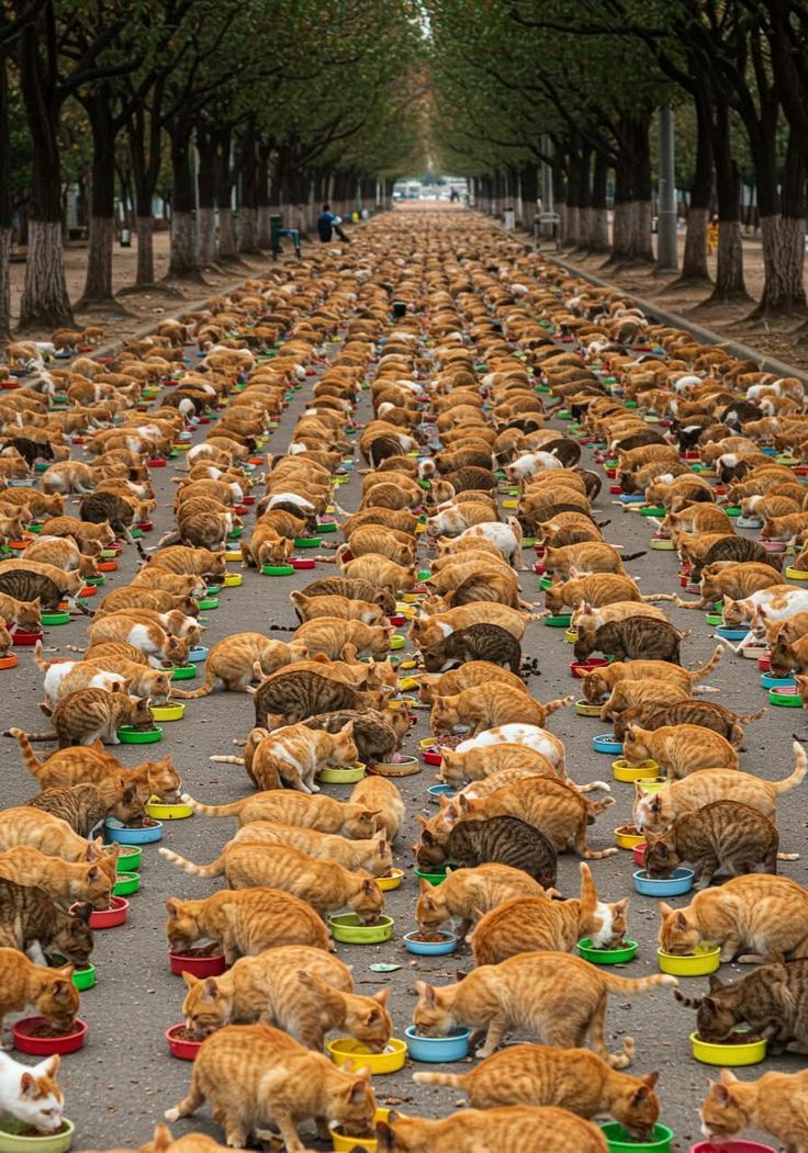 Много котов едят из мисок вдоль аллеи в парке.