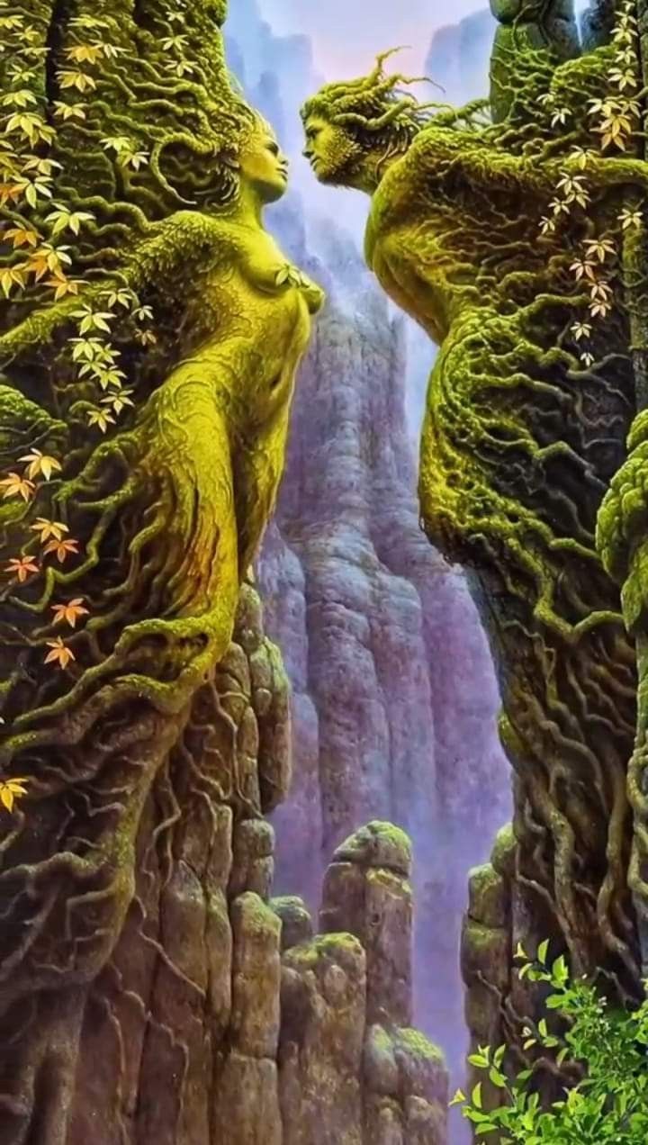 Два древних ствола, поросших мхом, словно разговорящиеся лица между скалами и водопадами.
