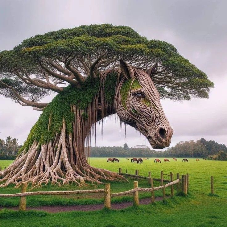 Сюрреалистичное дерево, изгибающейся формы головы лошади, на поляне.