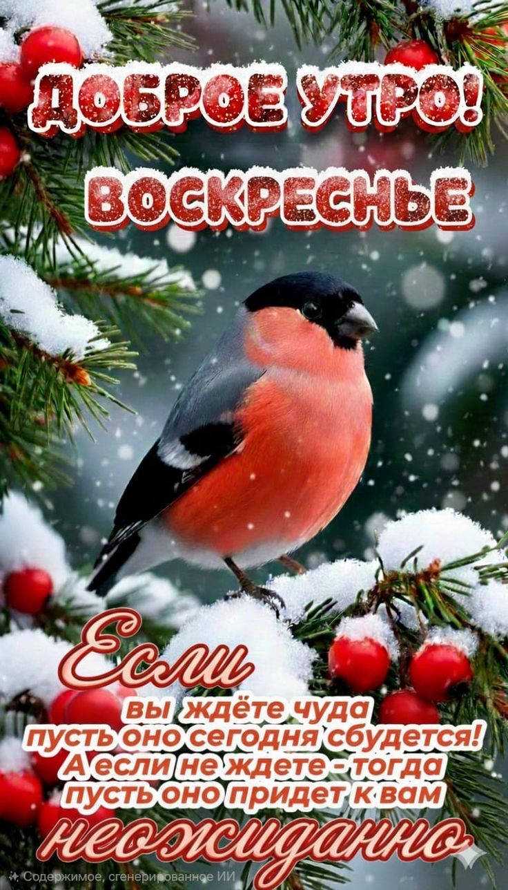 Доброе утро! Воскресенье. Если вы ждёте чуда пусть оно сегодня сбудется! А если не ждёте — тогда пусть оно придёт к вам несомненно.