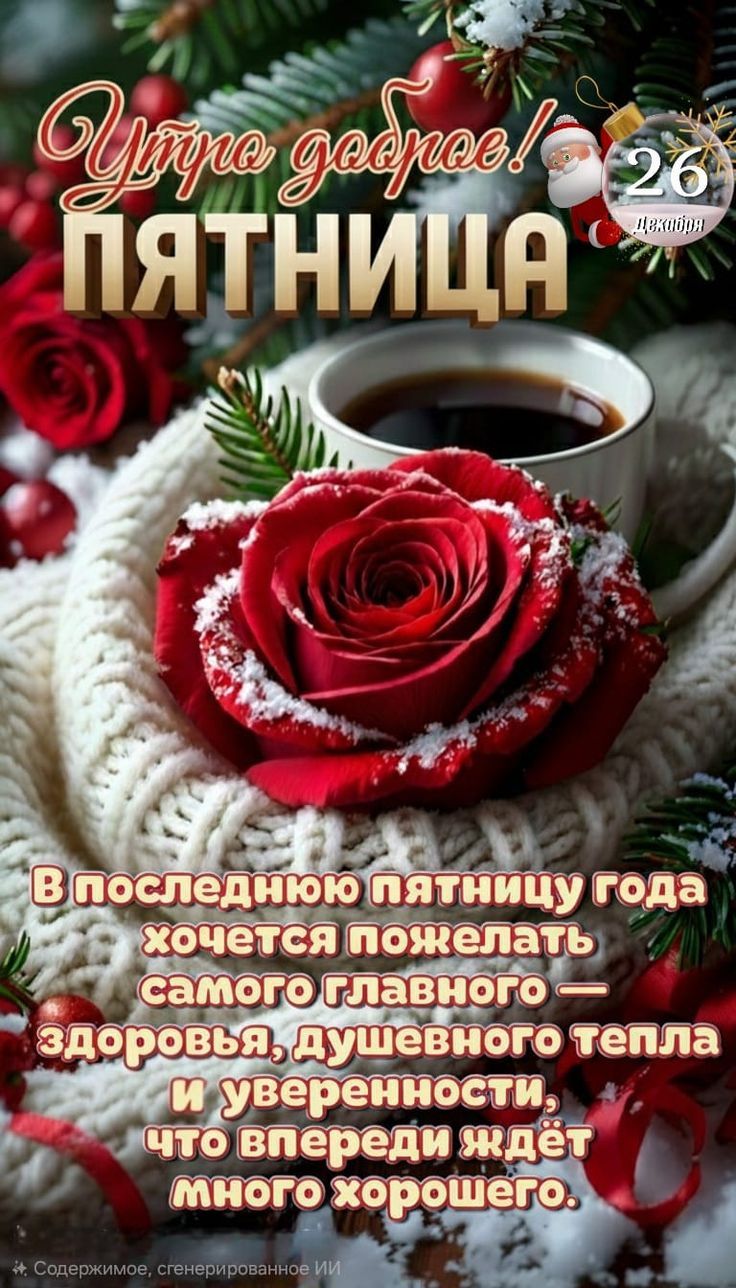 Утро доброе! Пятница. В последнюю пятницу года хочется пожелать самого главного — здоровья, душевного тепла и уверенности, что впереди ждёт много хорошего.