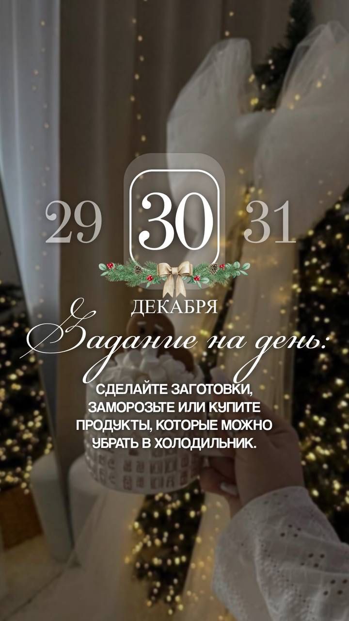 29 30 31 ДЕКАБРЯ
Задание на день. Сделайте заготовки, заморозьте или купите продукты, которые можно убрать в холодильник.
