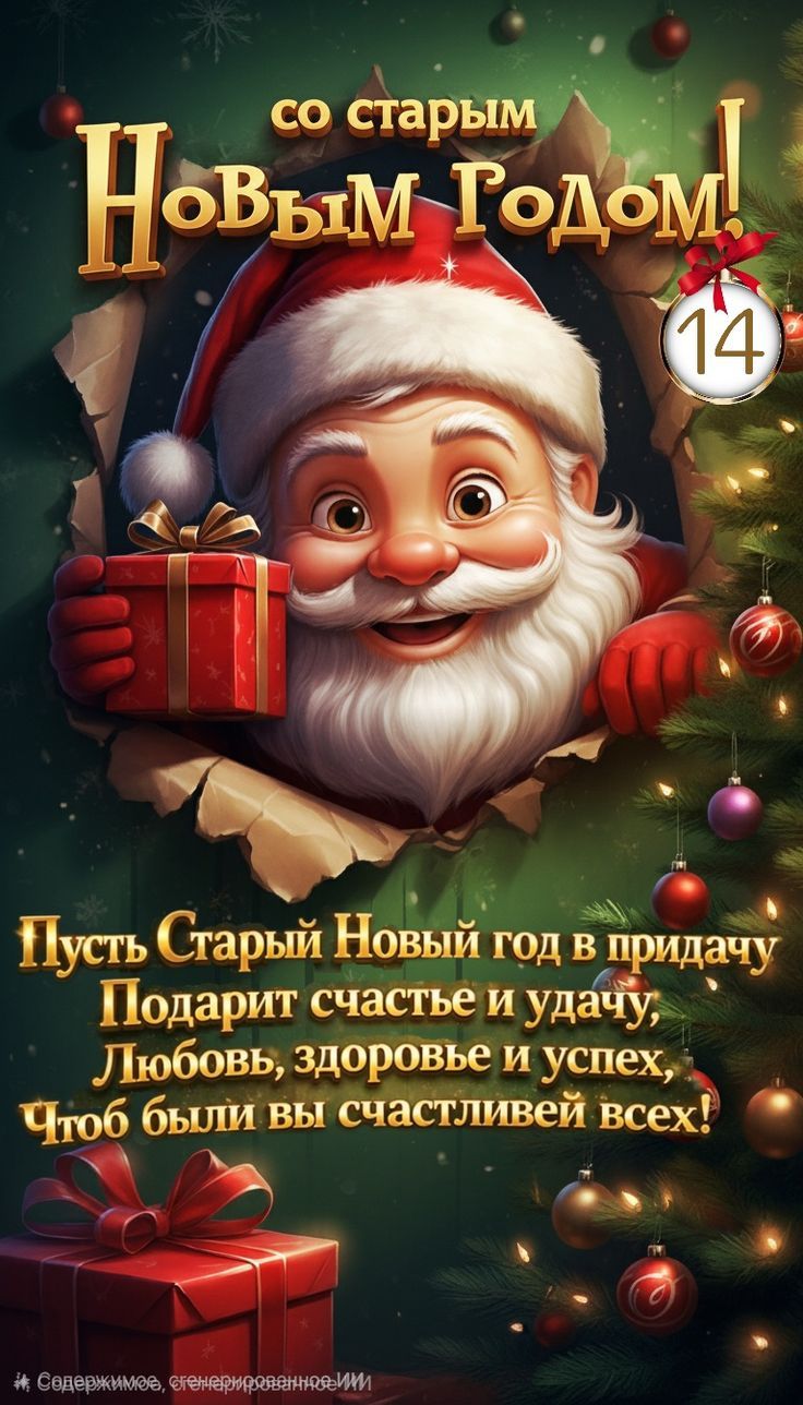 со старым Новым Годом!
Пусть Старый Новый год в придaчу Подарит счастье и удачу, Любовь, здоровье и успех, Чтоб были вы счастливы всех!