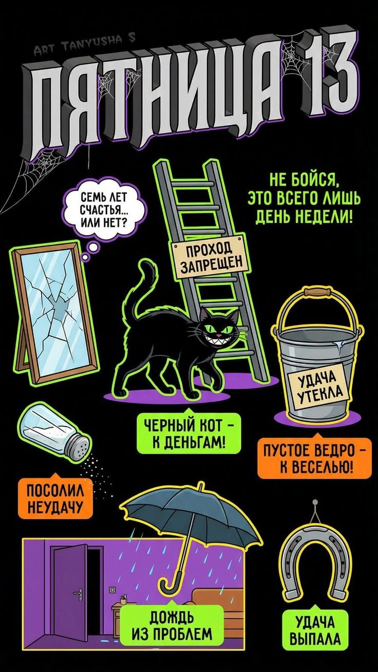 ПЯТНИЦА 13
НЕ БОЙСЯ, ЭТО ВСЕГО ЛЕЧ ДЕНЬ НЕДЕЛИ!
СЕМЬ ЛЕТ СЧАСТЬЯ... ИЛИ НЕТ?
ЧЕРНЫЙ КОТ – К ДЕНЬГАМ!
ПУСТОЕ ВЕДРО – К ВЕСЕЛЬЮ!
УДАЧА УТЕКЛА
ПОСОЛИЛ НЕУДАЧУ
ДОЖДЬ ИЗ ПРОБЛЕМ
ПОТЕКЛИЕВАТЕЛЬ