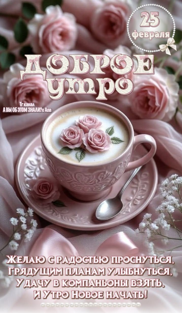 25 февраля
Доброе утро
Желаю с радостью проснуться, радости в планы улыбнуться, удачу в компанию взять, и утро новое начать!