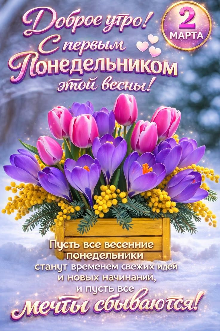 Доброе утро! С первым Понедельником этой весны! 2 марта Пусть все весенние понедельники станут временем свежих идей и новых начинаний, и пусть все мечты сбываются!