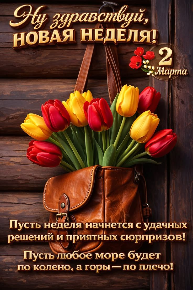 Ай здравствуй, новая неделя! 2 марта Пусть неделя начнется с удачных решений и приятных сюрпризов! Пусть любое море будет по колено, а горы — по плечо!