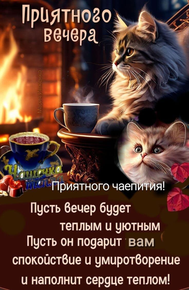 Приятного вечера\nПриятного чаепития! Пусть вечер будет теплым и уютным. Пусть он подарит вам спокойствие и умиротворение и наполнит сердце теплом!