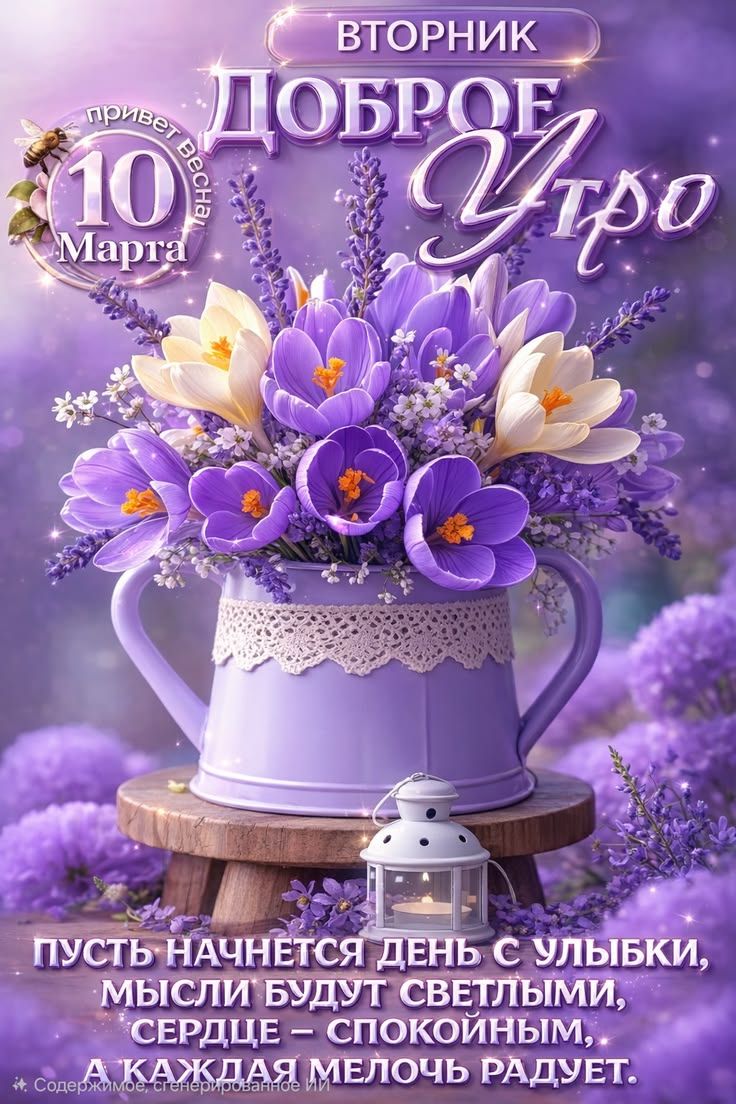 ВТОРНИК
Доброе утро
привет весенняя 10 марта
пусть начнется день с улыбки, мысли будут светлыми, сердце спокойным, а каждая мелочь радует.